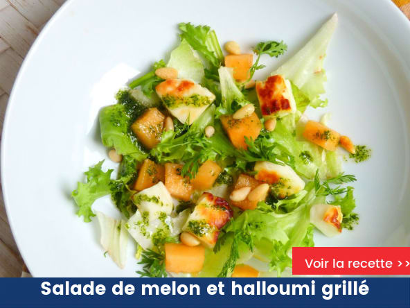Salade de melon, halloumi grillé et sauce coriandre